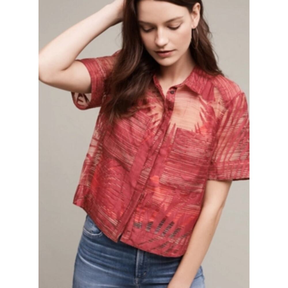 Maeve Tropical Burn Out Button Front Sun Palm Midi Top 0